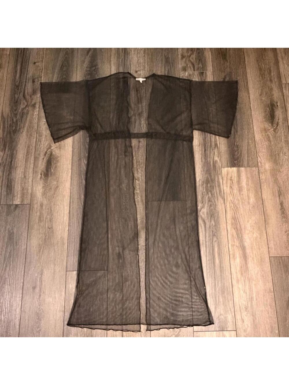 Charlotte Russe Black Sheer Mesh Maxi Duster Kimono Dress Medium Lettuce Ruffle - Picture 6 of 12